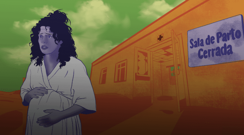 Ilustración de mujer embarazada frente a una sala de parto cerrada.
