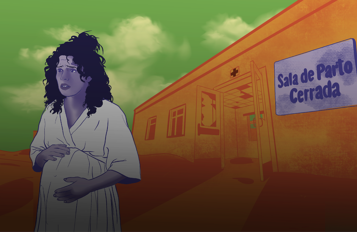 Ilustración de mujer embarazada frente a una sala de parto cerrada.